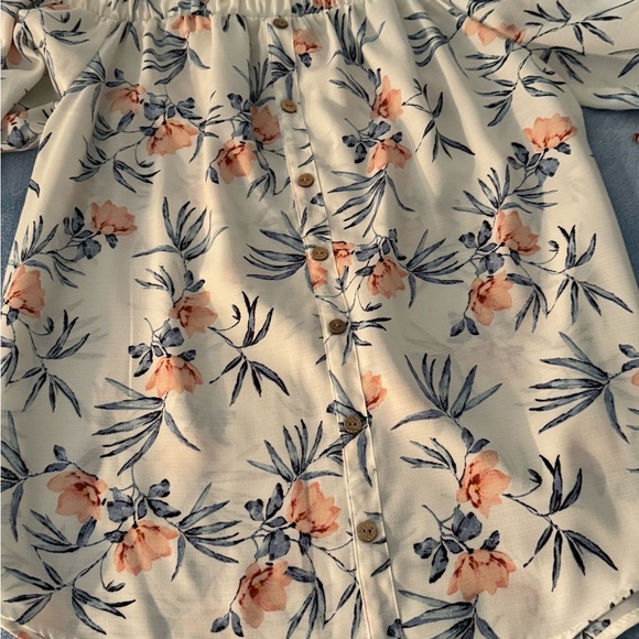 Iz Byer Women’s Floral Off-Shoulder Blouse – White with Pink & Blue Print, (S) - Picture 4 of 5
